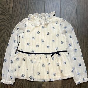 Janie and Jack peplum blouse size 8. Navy bow, silver and gold threading.